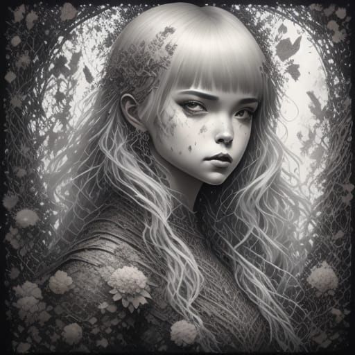 Cute Sorceress in Mysterious Forest Ink Illustration