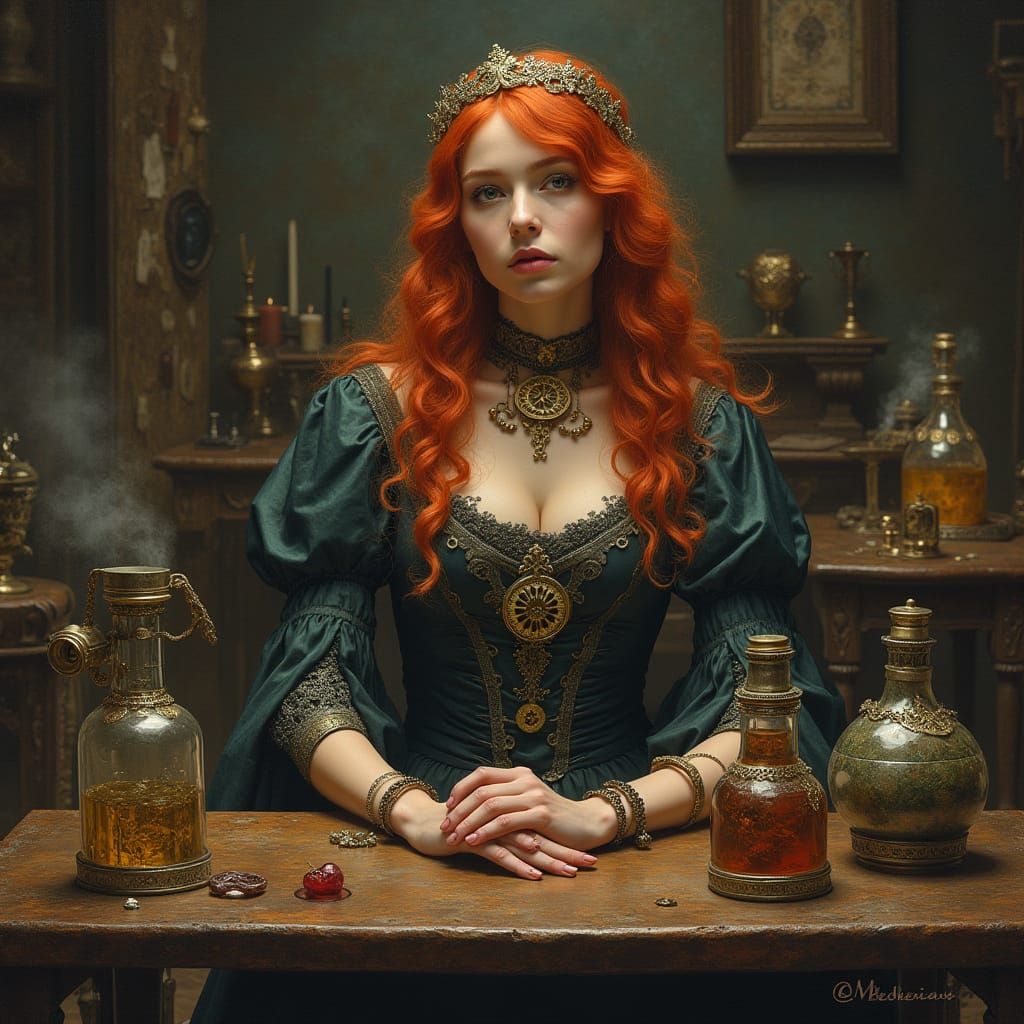 Steampunk Sorceress in Pre-Raphaelite Style