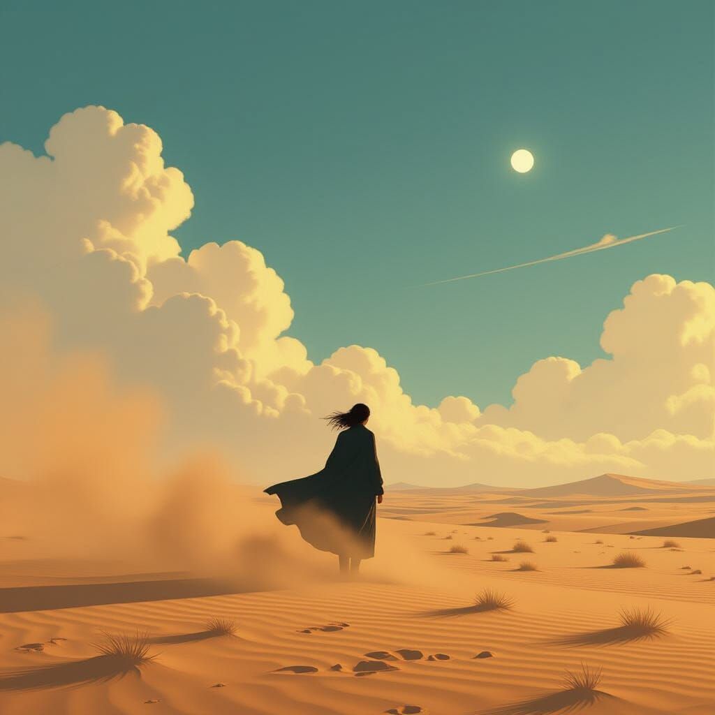 Lone Figure in Desert Landscape: Miyazaki-esque Dreamscape