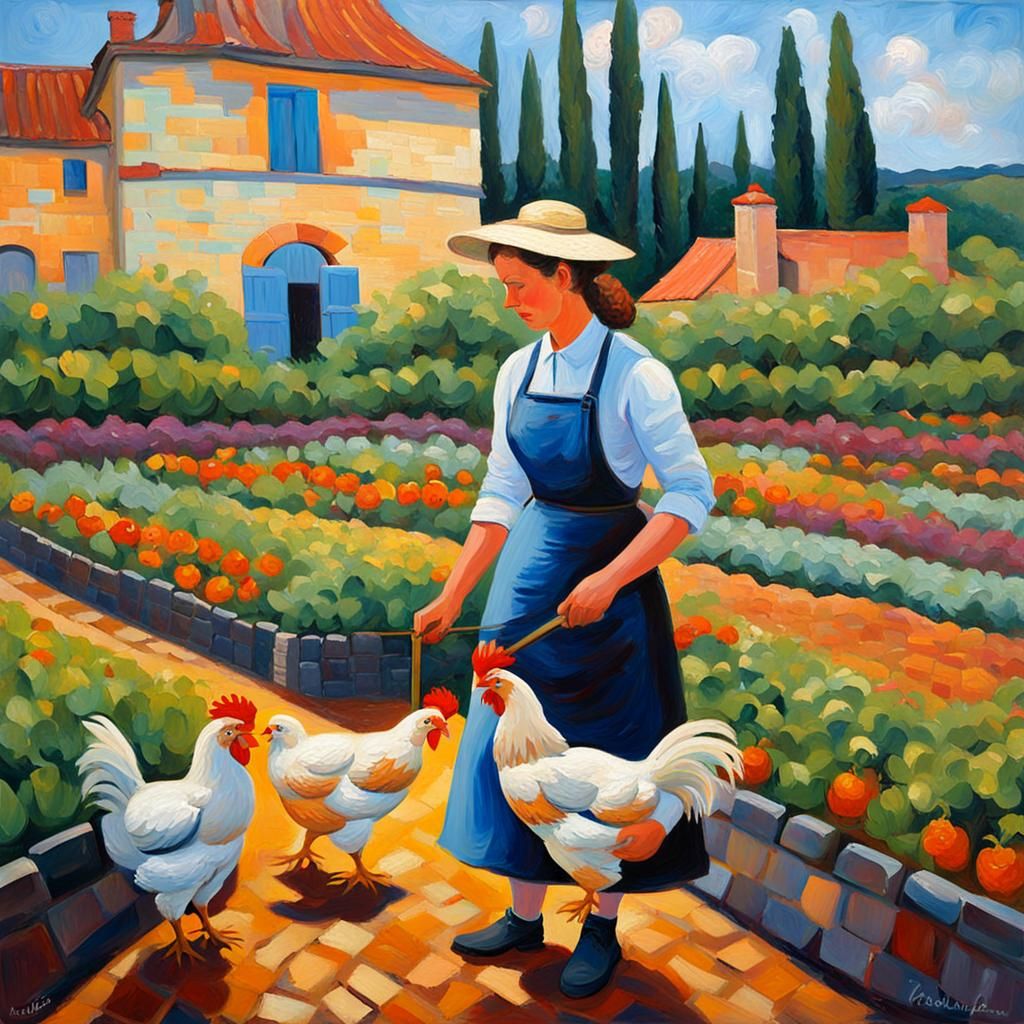 French Countryside: Woman in Garden, Impasto Painting