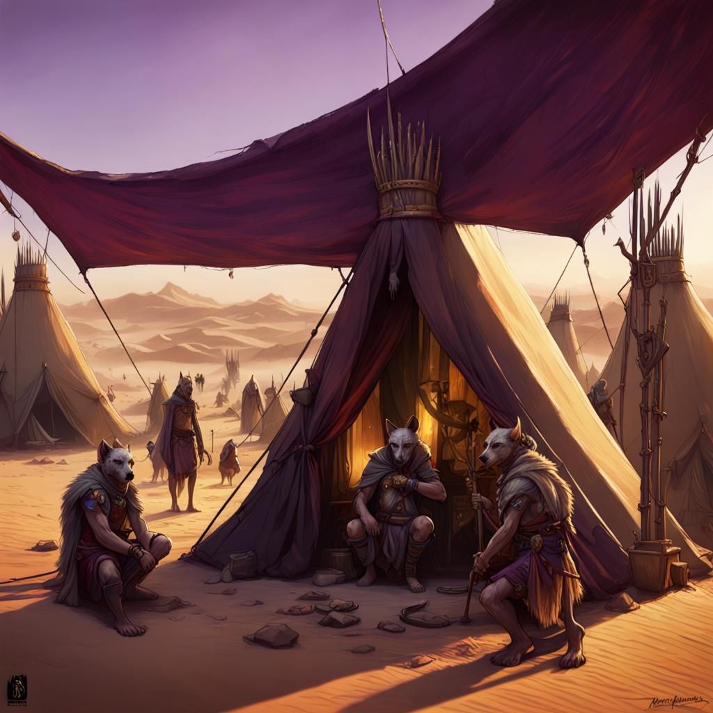 Hyena Humanoids in Desert Camp: Dark Fantasy Art