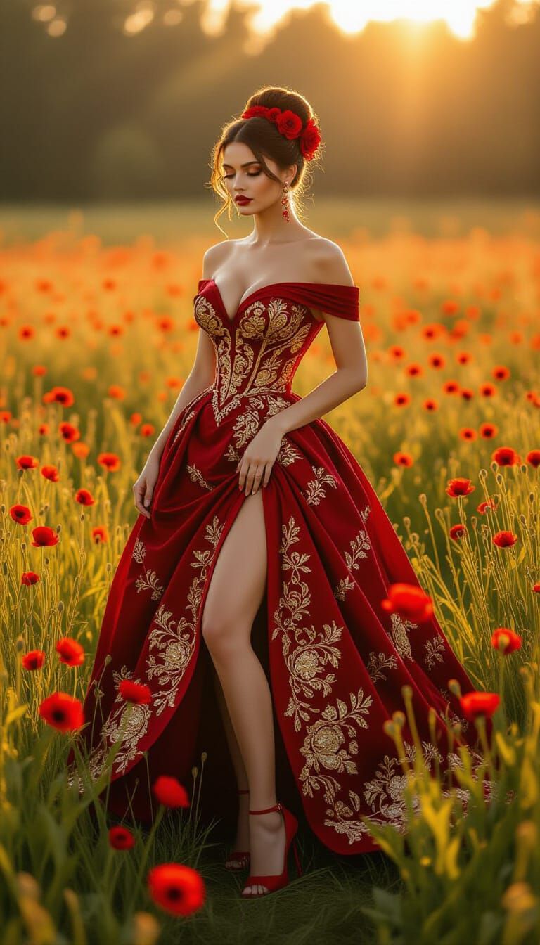 Curvy Woman in Red Gown in Lush Meadow