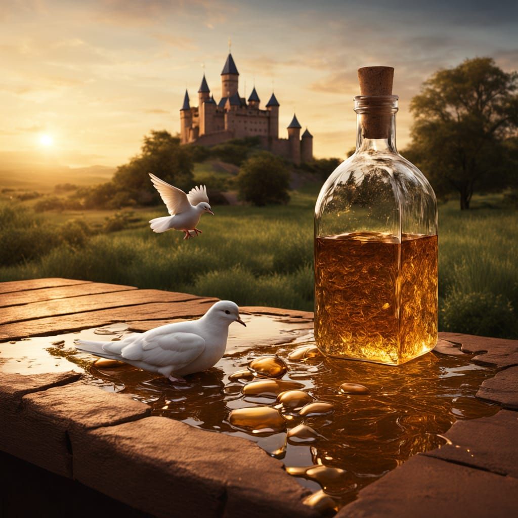 Surreal Honey Landscape Poured From Bottle With Doves