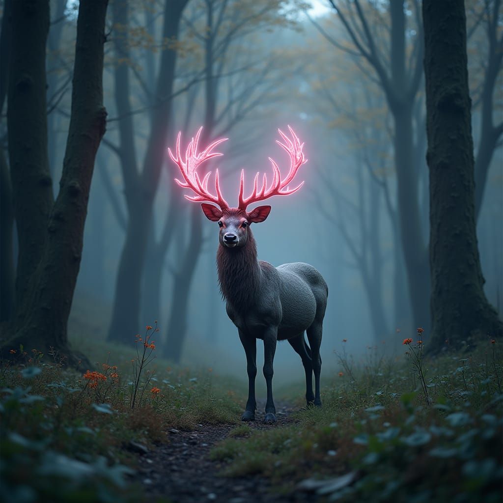 Mystical Deer in Lush Forest, Digital Painting