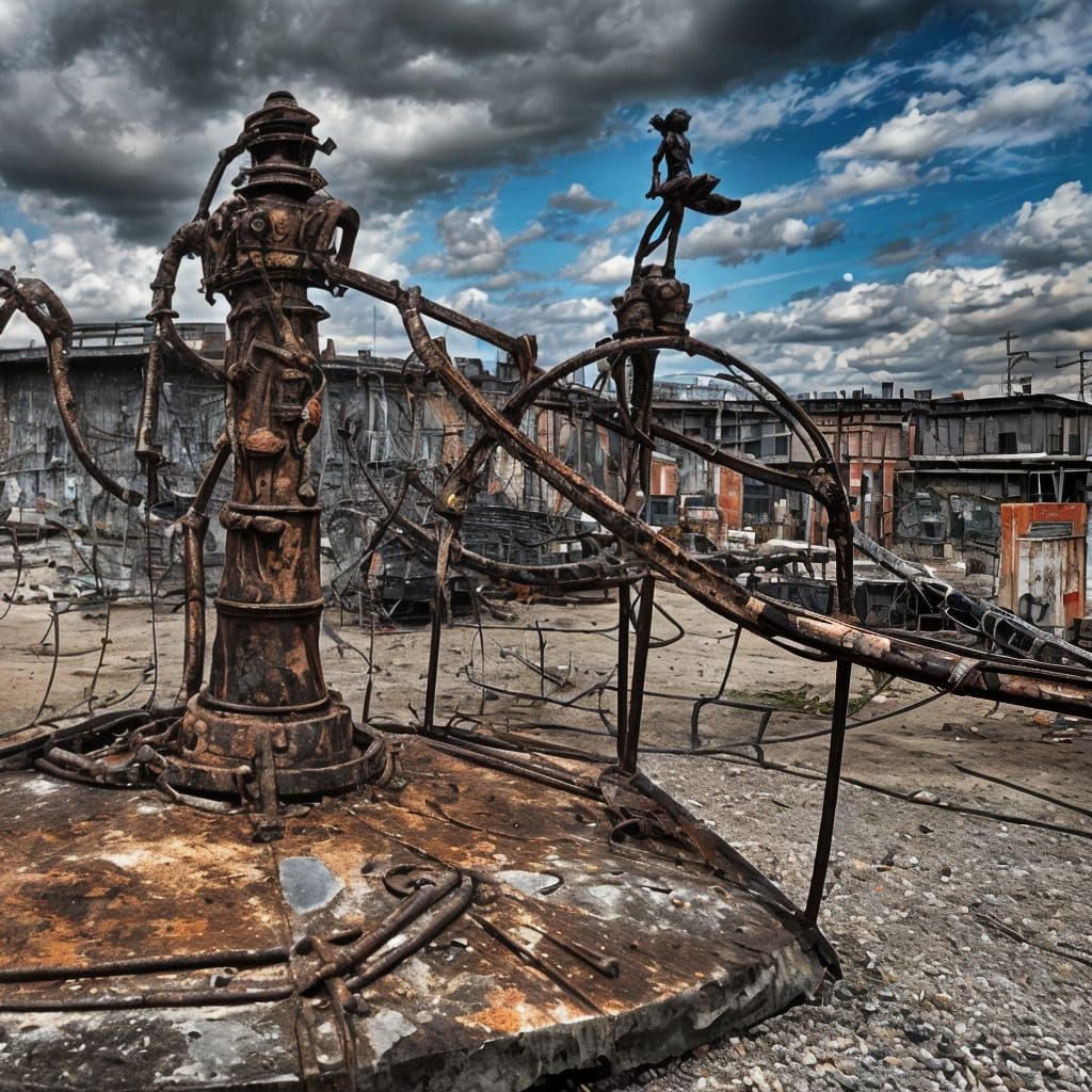 Surreal Iron Sculpture in Urban Ruins