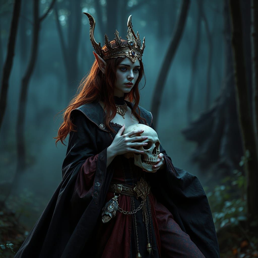 Mystical Elf Queen in Night Forest with Golden Crown and Sku...