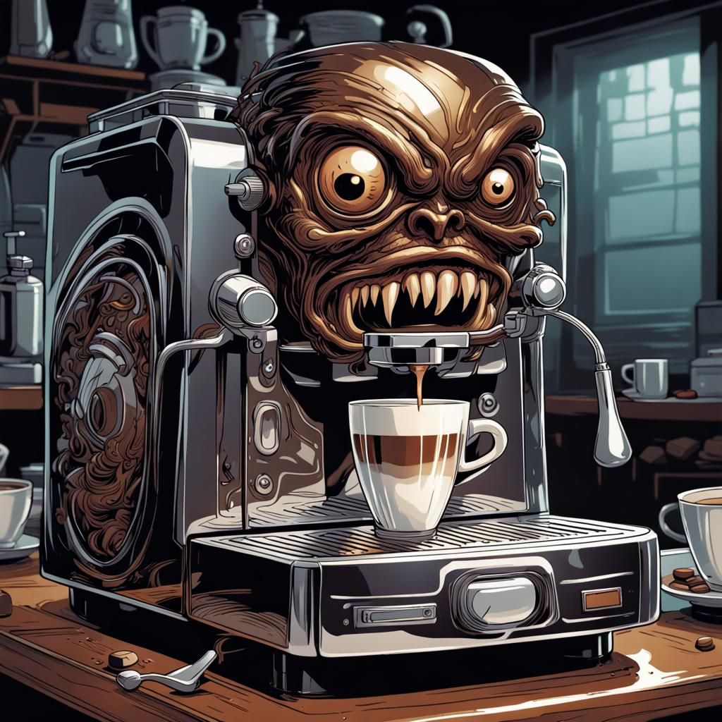 Espresso Machine Monster in Comic Book Art Style