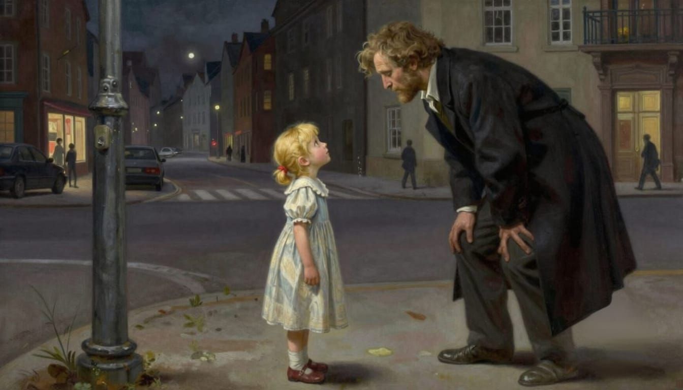 Scared Girl in Ruined City Looks to Father