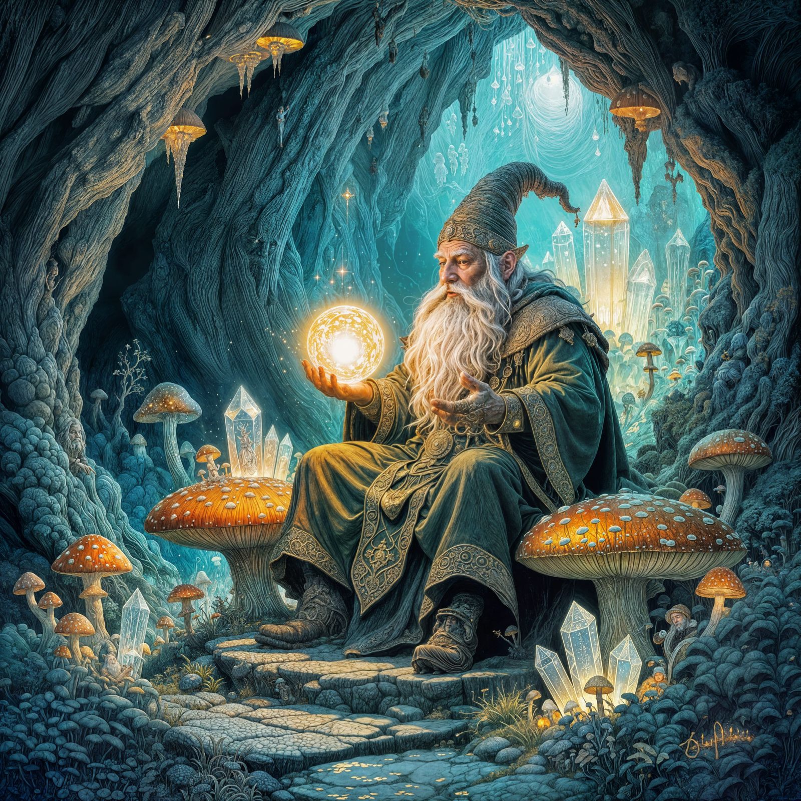 Dwarf King on Mushroom Throne in Bioluminescent Cave