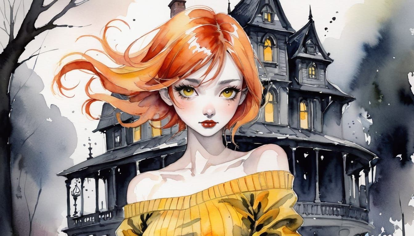 Whimsical Girl in Yellow Sweater Performing Near Haunted Hou...