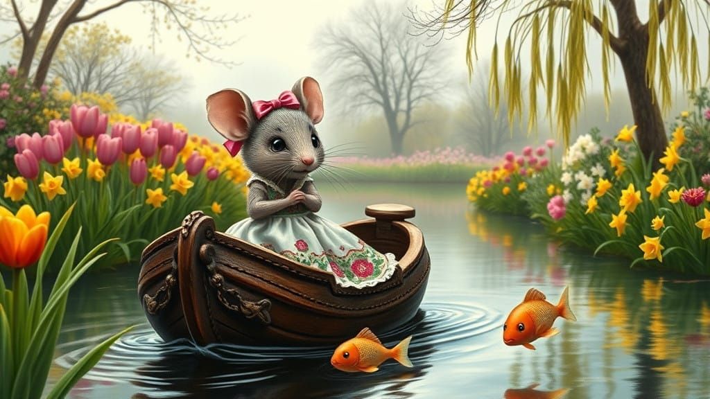 Whimsical Mouse Sails Dutch River in Floral Dress
