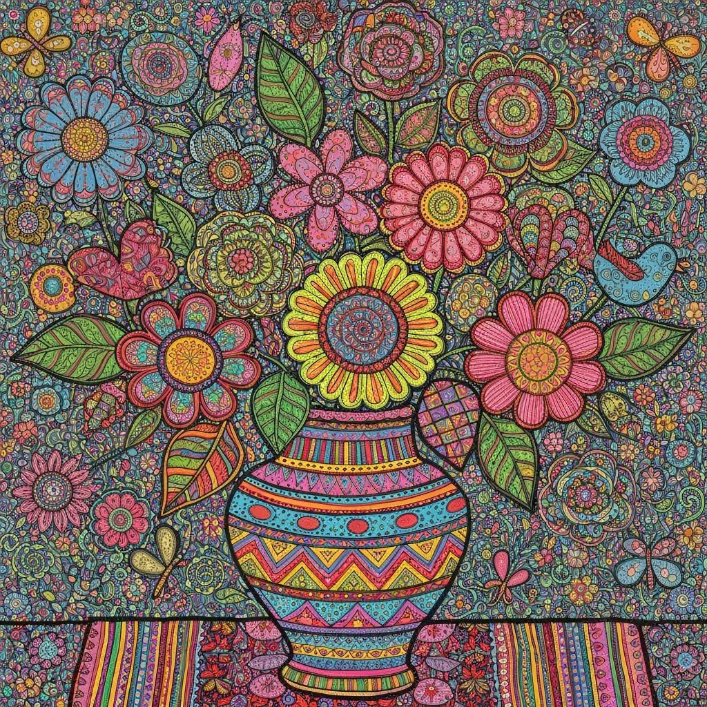 Maximalist Folk Art Still Life of Flowers