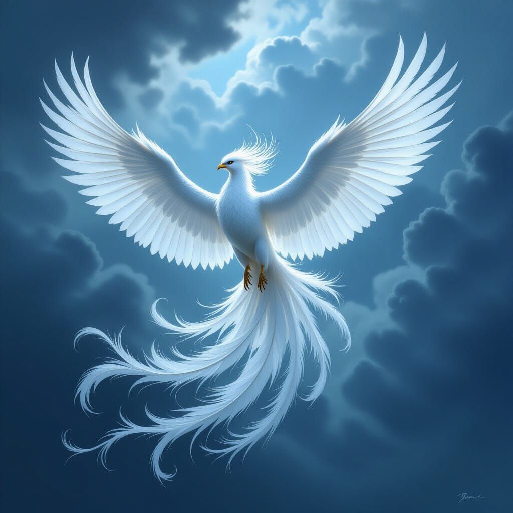 Albino Phoenix Soars in Romantic Fantasy Art Style