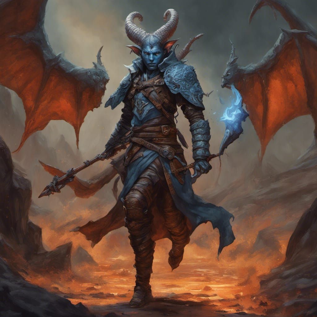Battleworn Tiefling Battlemage in Detailed Matte Painting