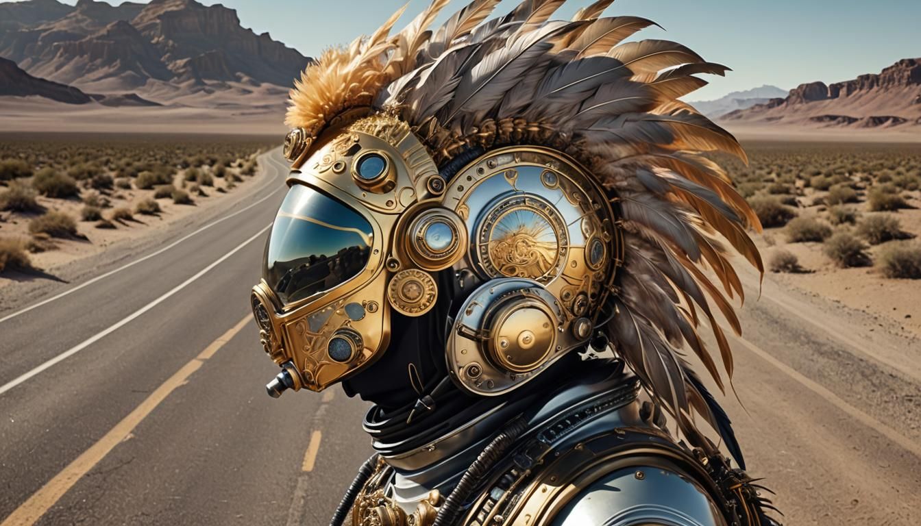 Retrofuturistic Desert Figure with Feathered Mohawk Helmet