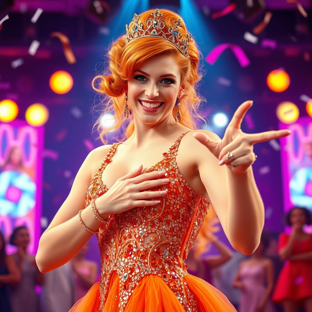 Regal Princess in Sequined Ginger Gown on Stage