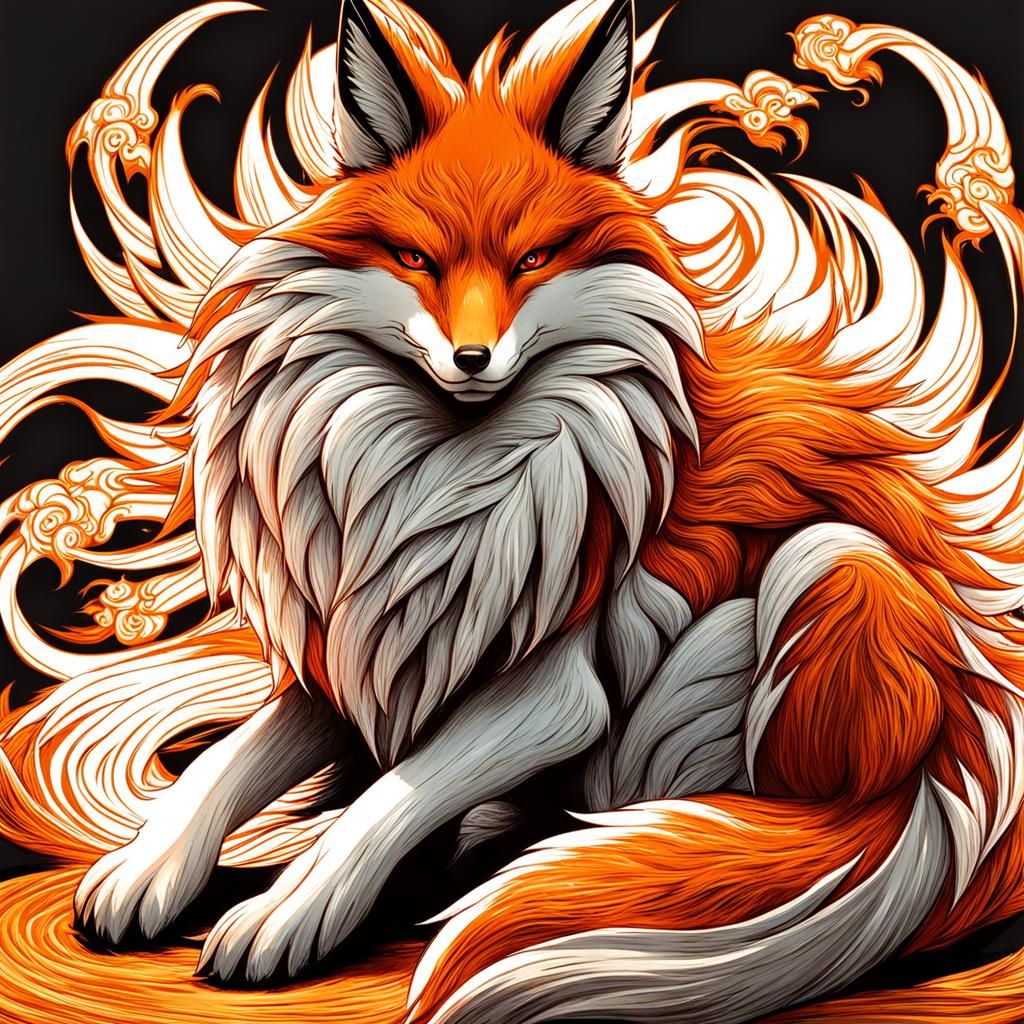 Majestic Nine-Tailed Fox with Raised Tails
