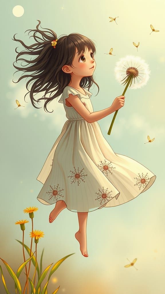 Girl in Whimsical Flight with Oversized Dandelion