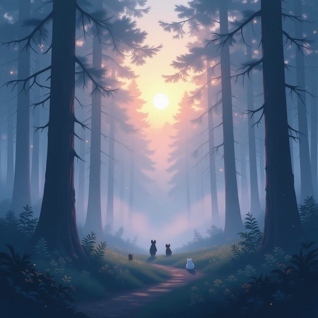 Dreamy Sunrise in Misty Gothic Pine Forest