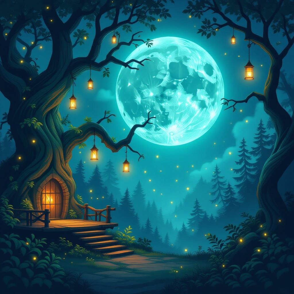 Enchanted Nighttime Forest Under Turquoise-Green Moonlight