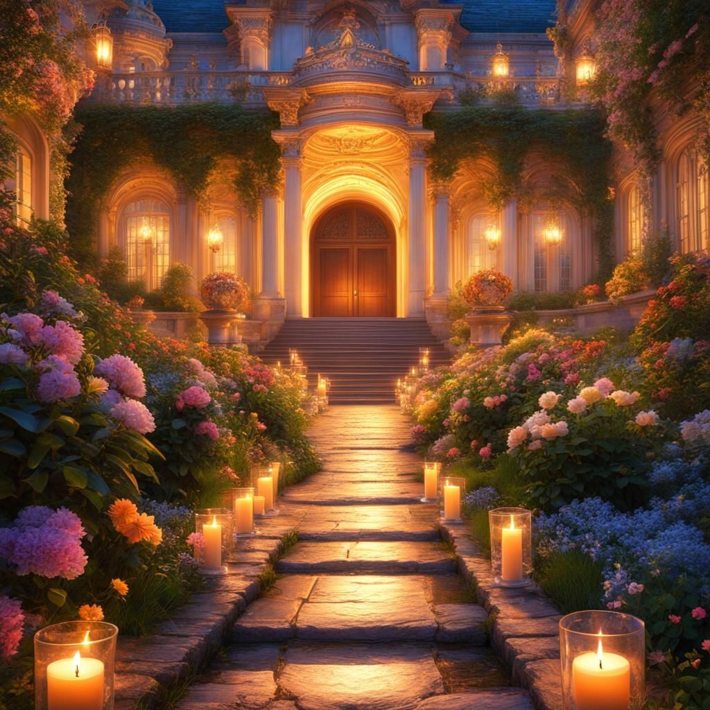 Candlelit Path to Hilltop Palace: Hyperrealistic Rococo Fant...