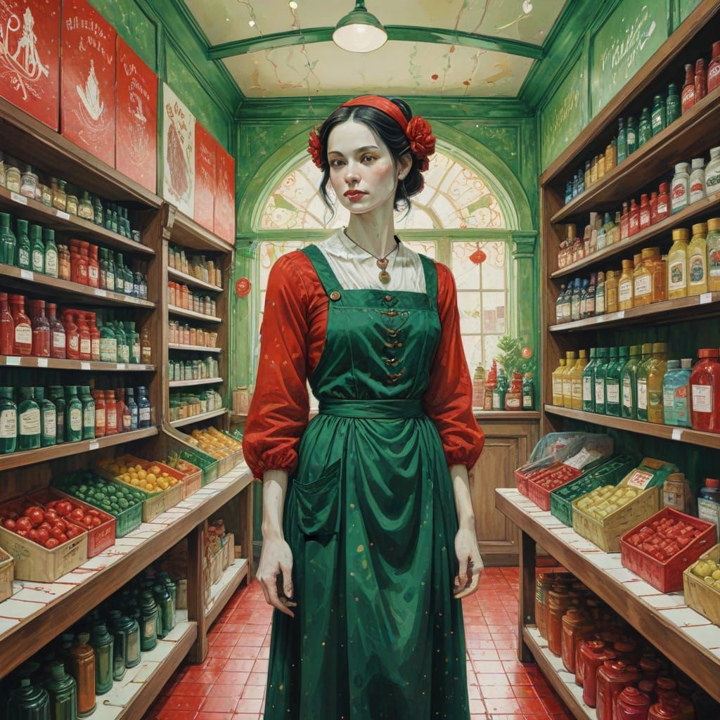 Neovictorian Shopkeeper in Grocery Store Ink Painting