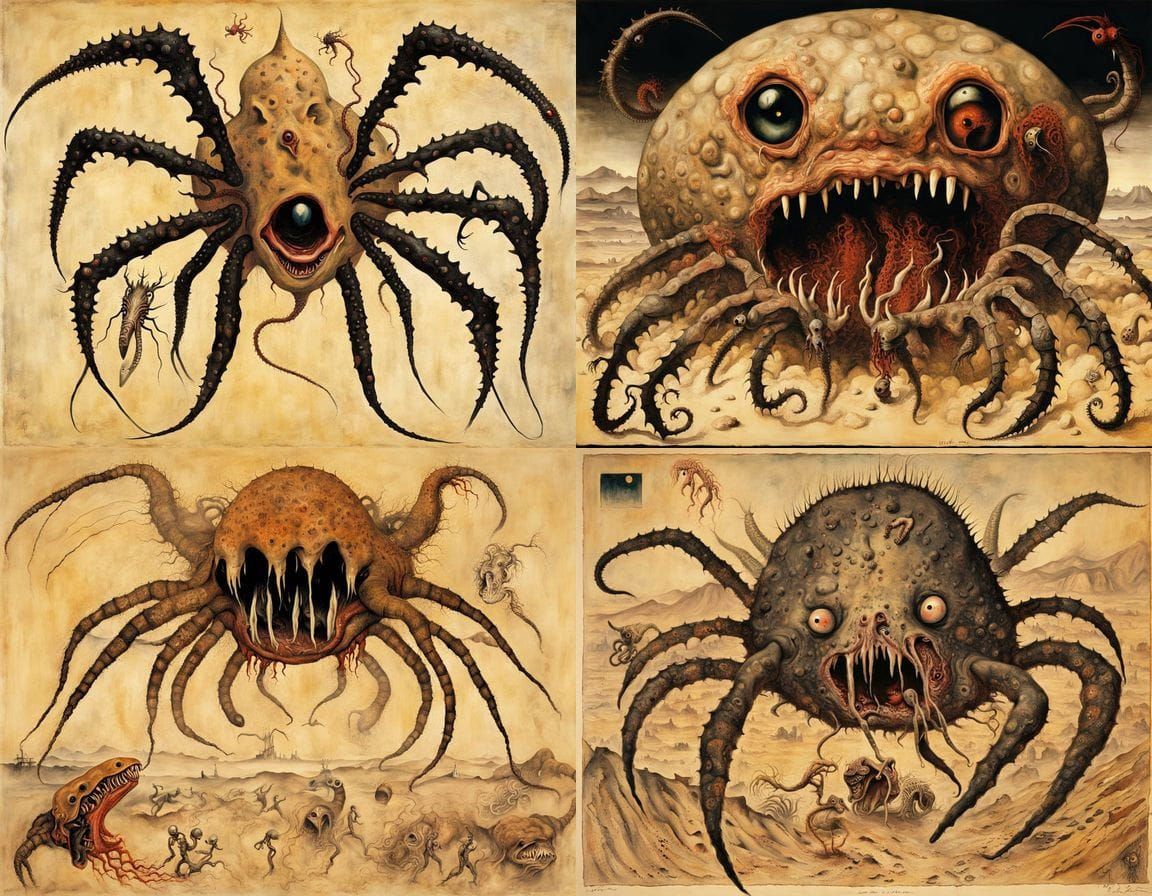 Cyberpunk Hybrid Creature Emerges from 1940s Sandstorm Night...