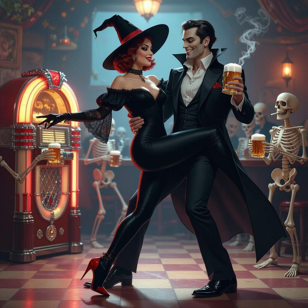 1950s Witch and Vampire Dance with Skeletons