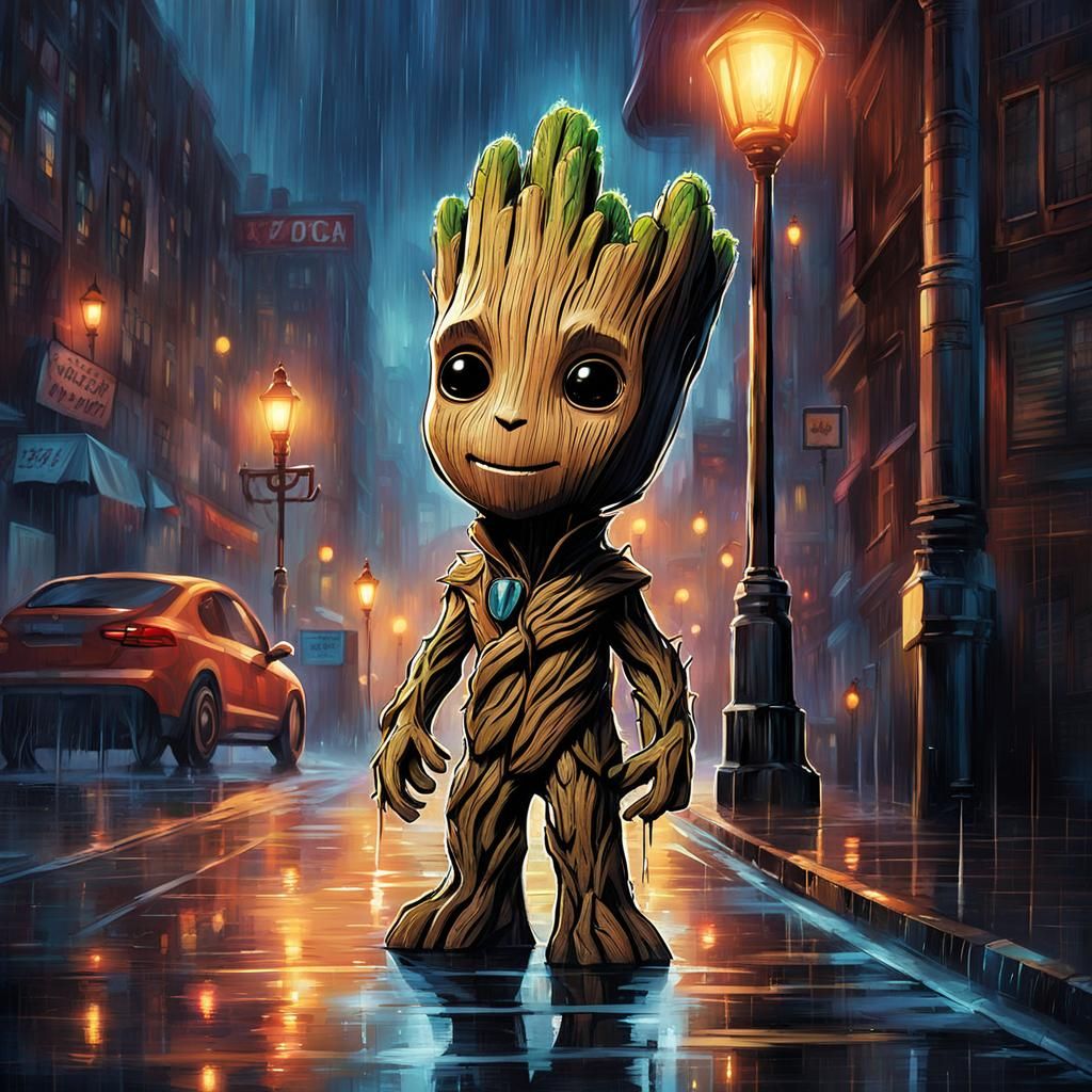 Baby Groot enjoys the rain, he needs water to grow up!