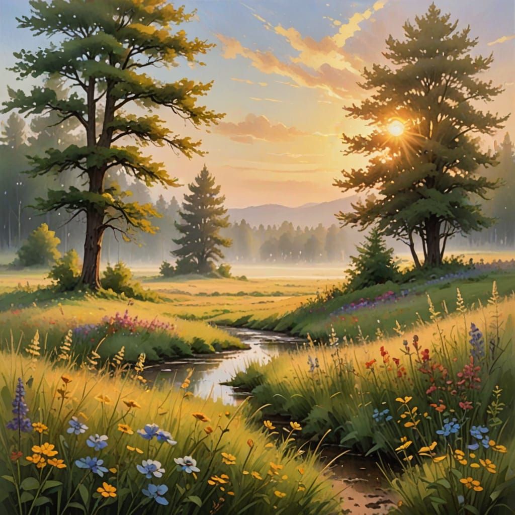Sunrise Meadow Landscape in Soft Painting Style