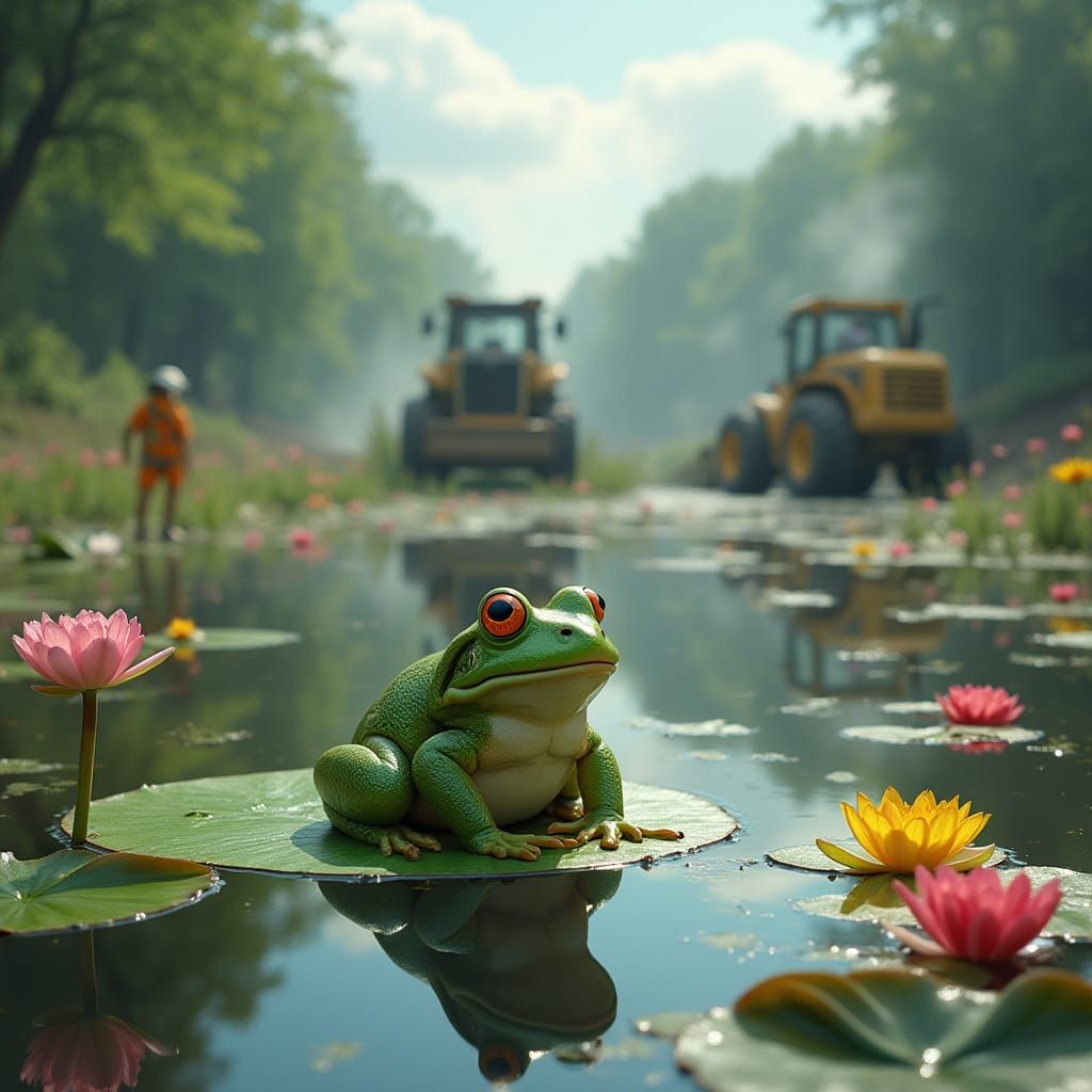 Frog's Lush Wetland Habitat Destroyed by Industrial Devastat...