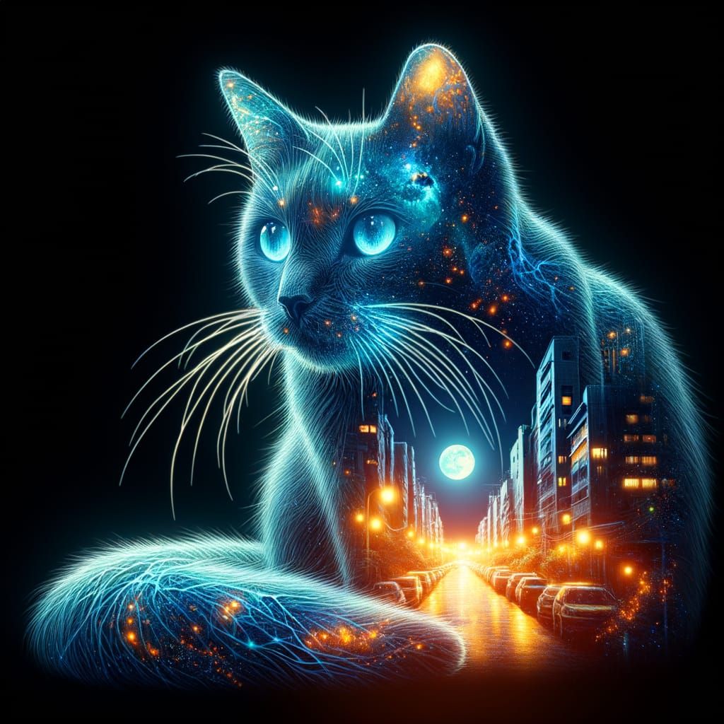 Bioluminescent Cat in Double Exposure Style