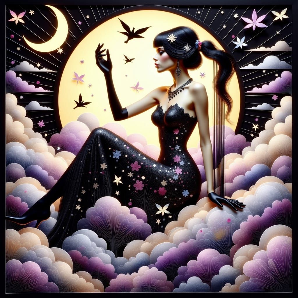 Elegant Art Deco Goddess on Celestial Clouds
