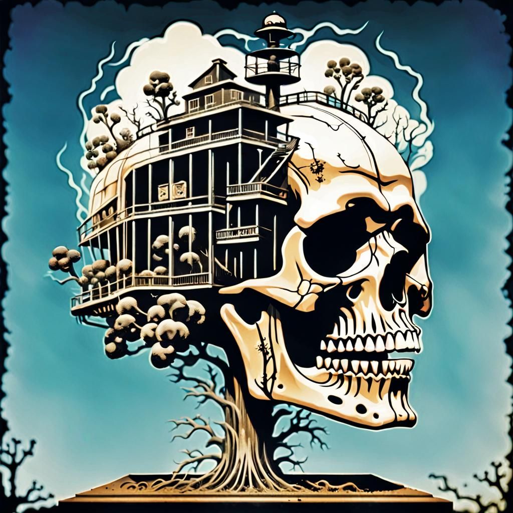 Overgrown Skull Double Exposure in Steampunk Style