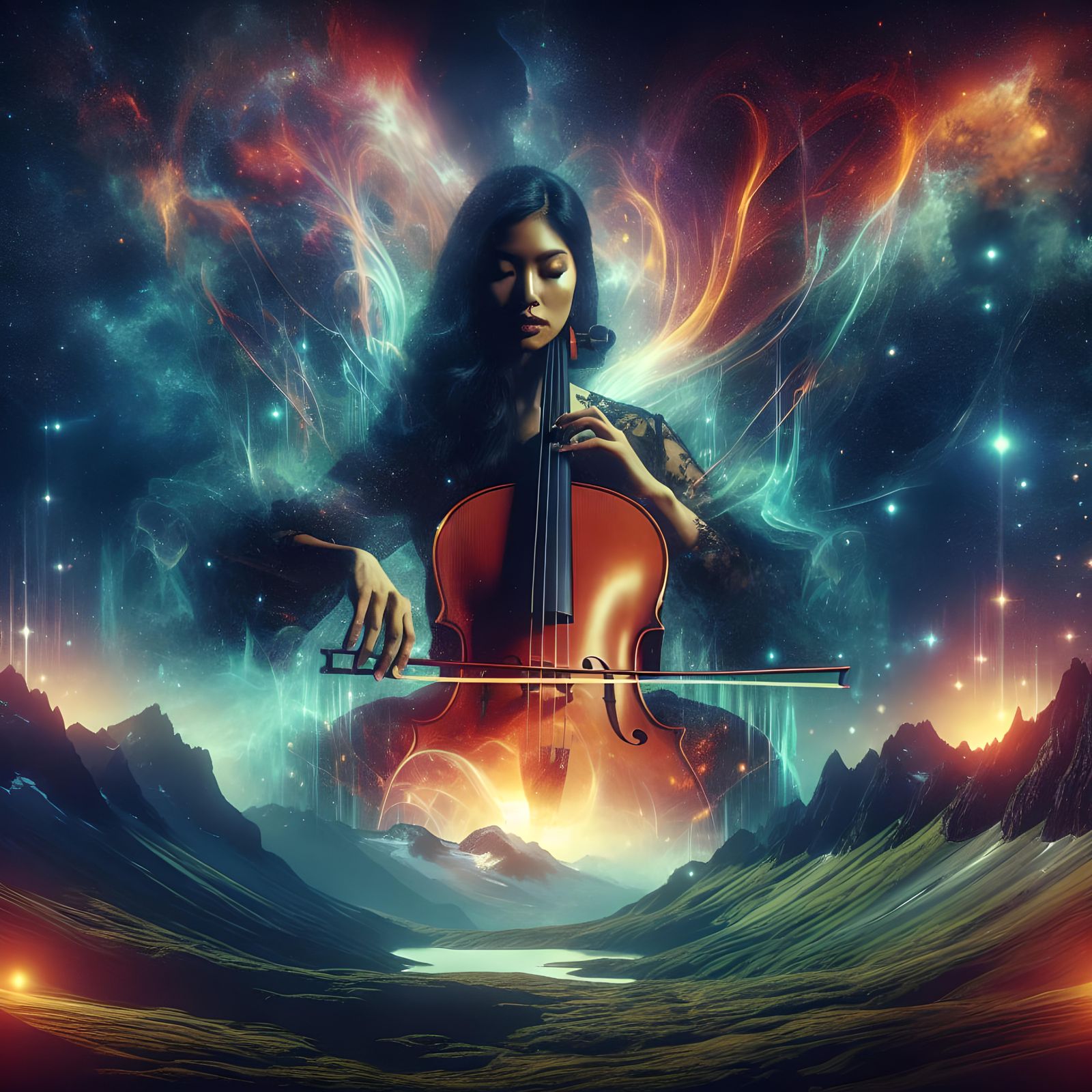 Cinematic Cello Player in Starry Mountain Landscape