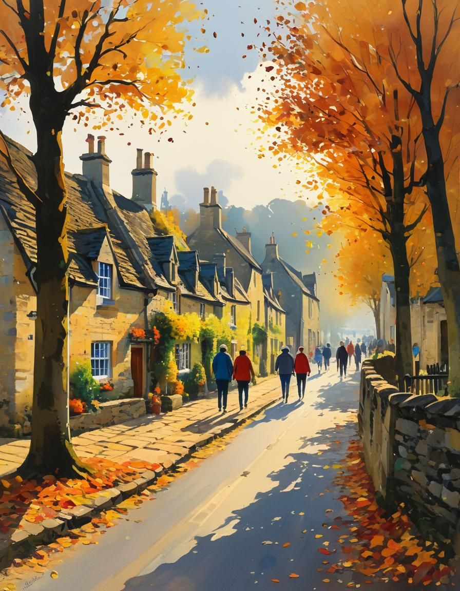 Autumn in Cotswolds Village as Expressionist Gouache