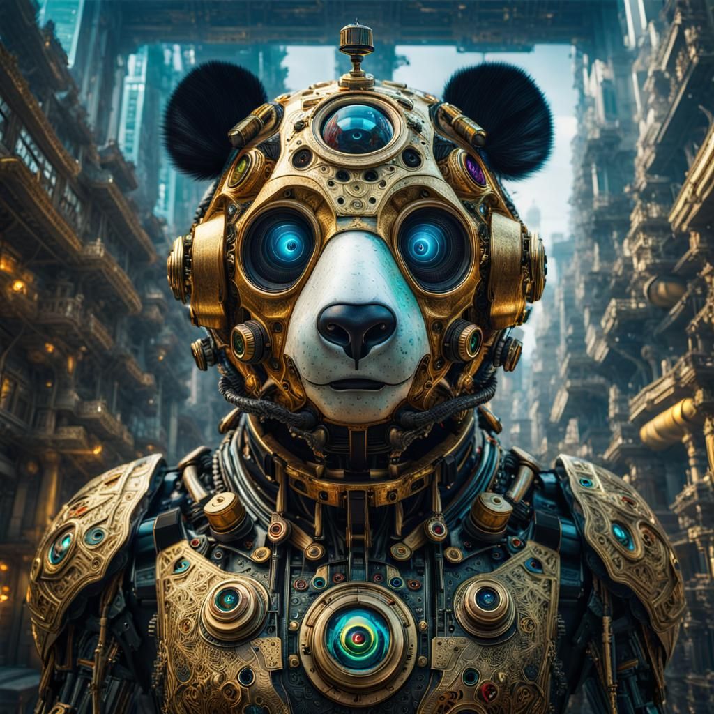 Panda-Human Hybrid with Sci-Fi Machinery in Hyperreal Style