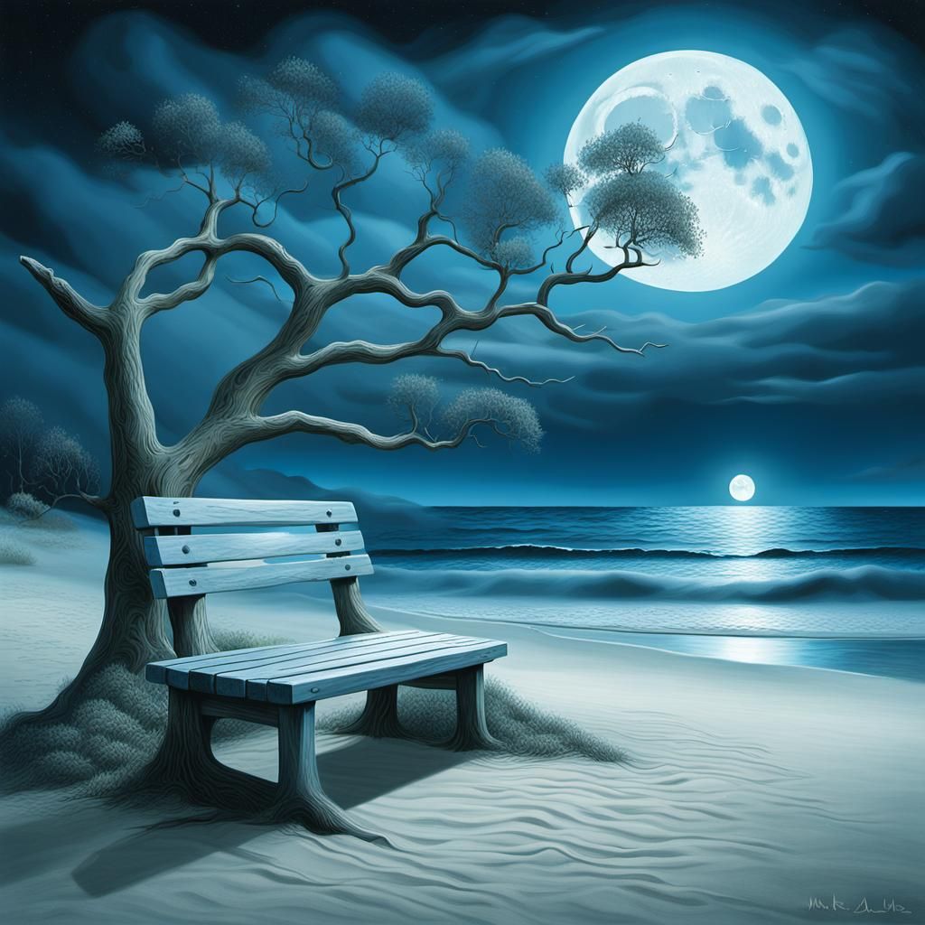Surreal Beach with Moonlit Tree in Abstract Style