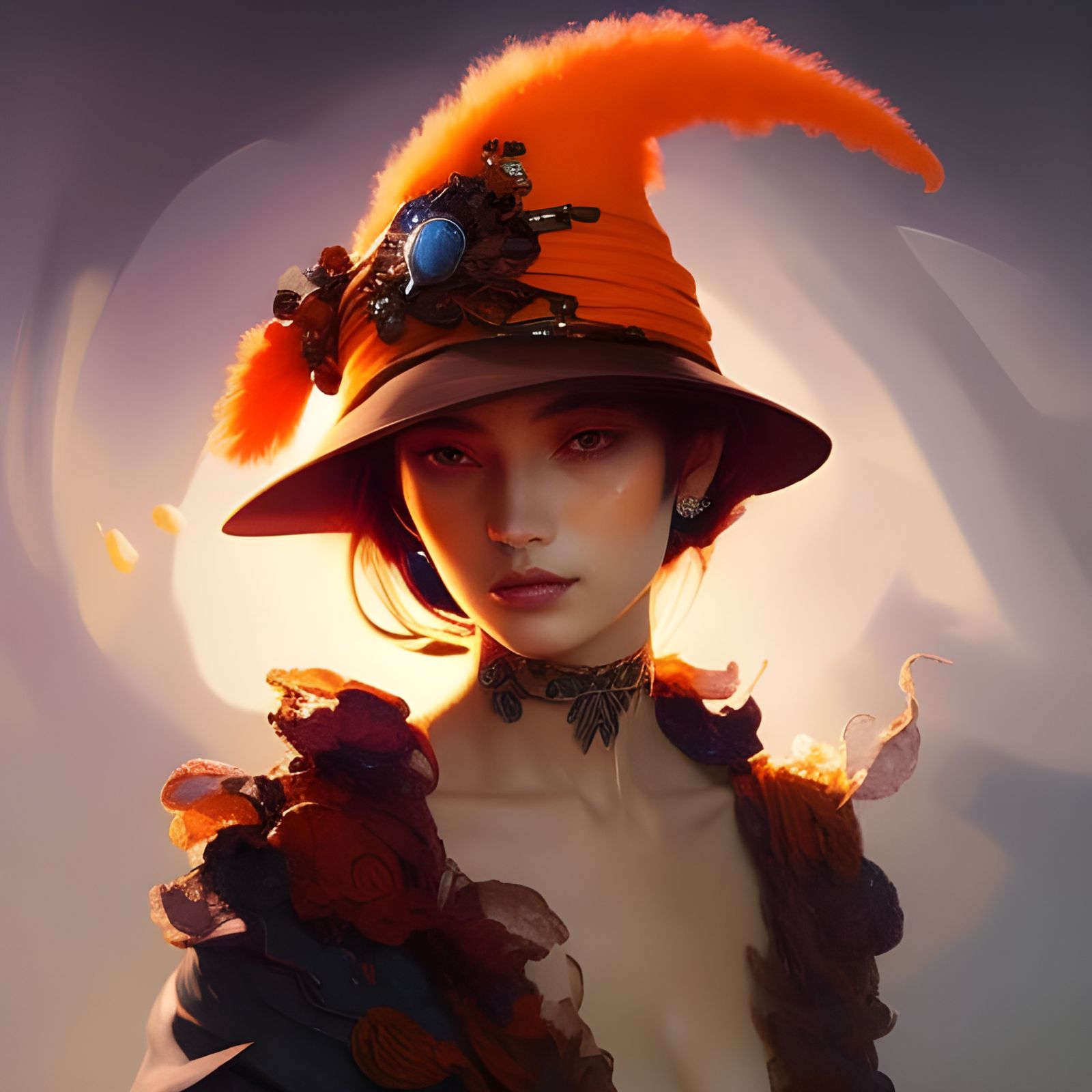 Orange Witch Hat Portrait in Hyperdetailed Style