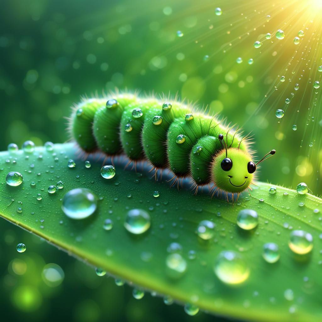 Fuzzy Green Caterpillar in Dew, Photorealistic Image