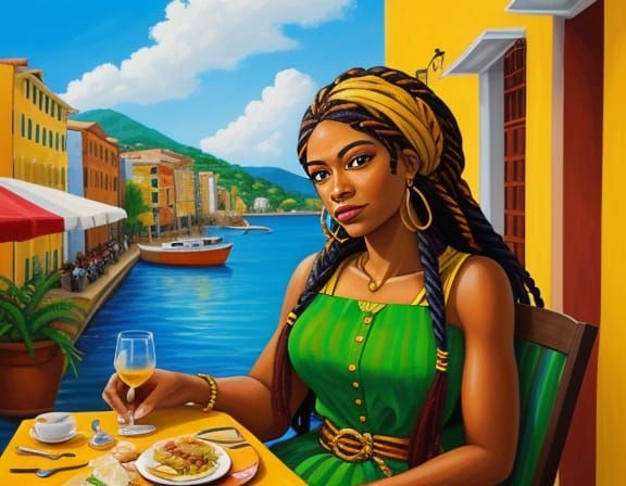 Caribbean Woman in Cafe: an Impasto Style Portrait