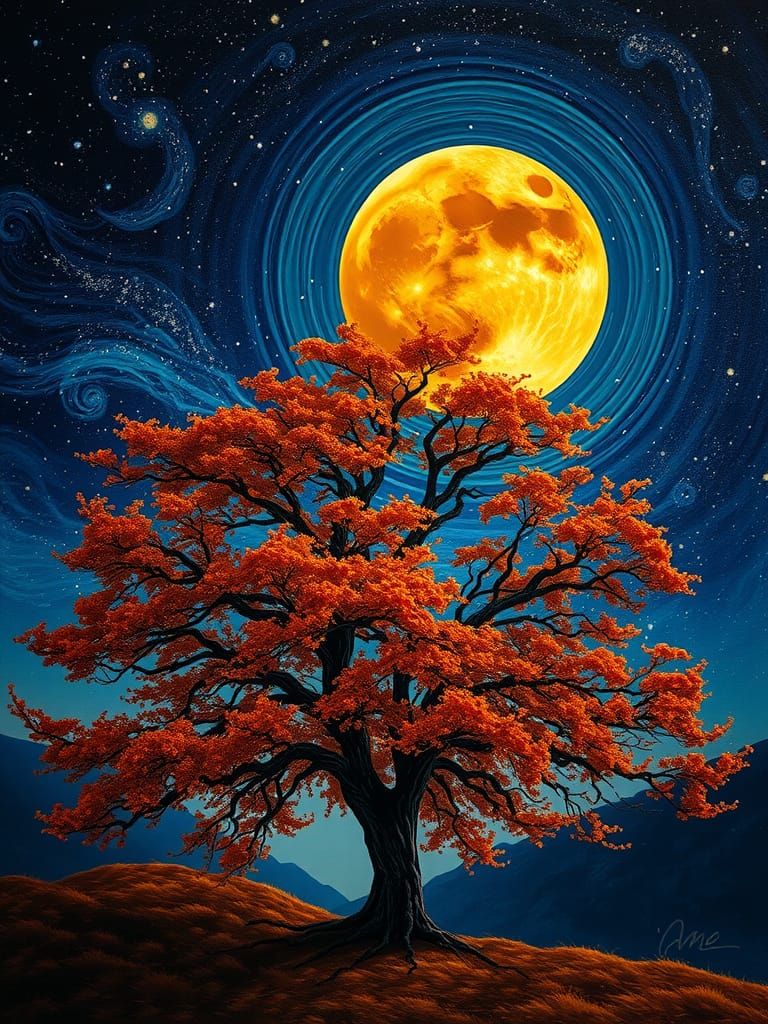 Autumn Tree Under Starry Moon, Impasto Style