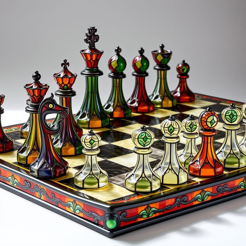 Ornate Stained Glass Chess Board in Art Nouveau Style