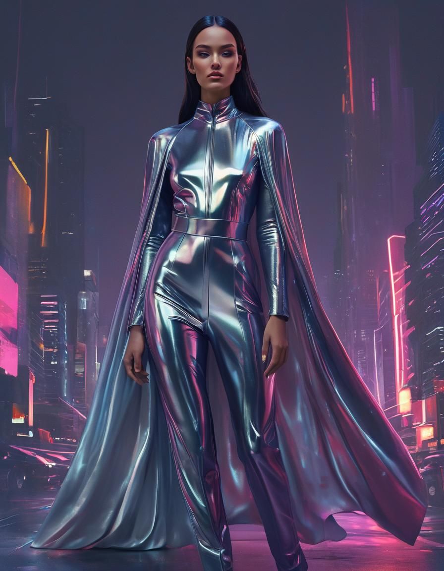 Sleek Futuristic Jumpsuit with Neon Cityscape Background