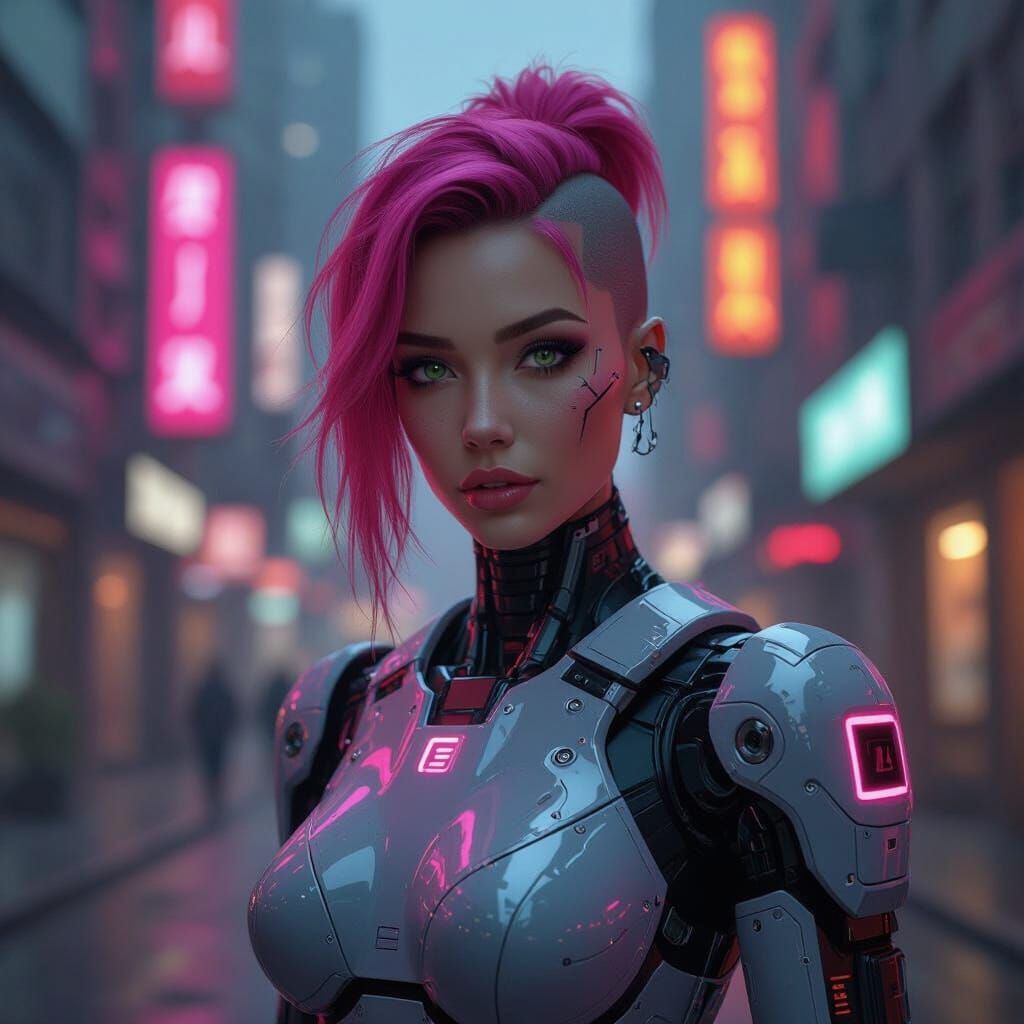 Cyberpunk Robot with Mohawk in Futuristic Cityscape
