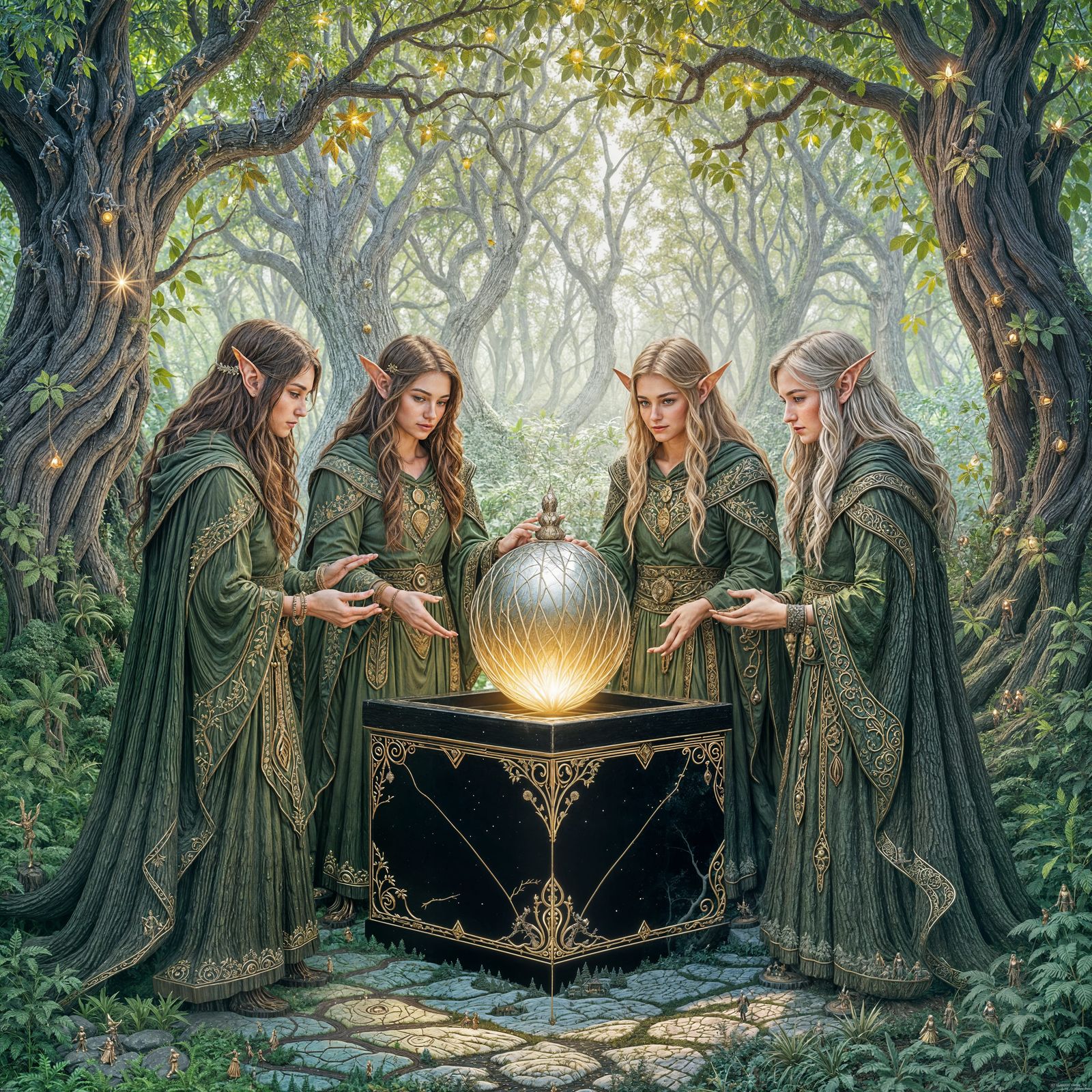 Wood Elves with Magical Acorn in Forest