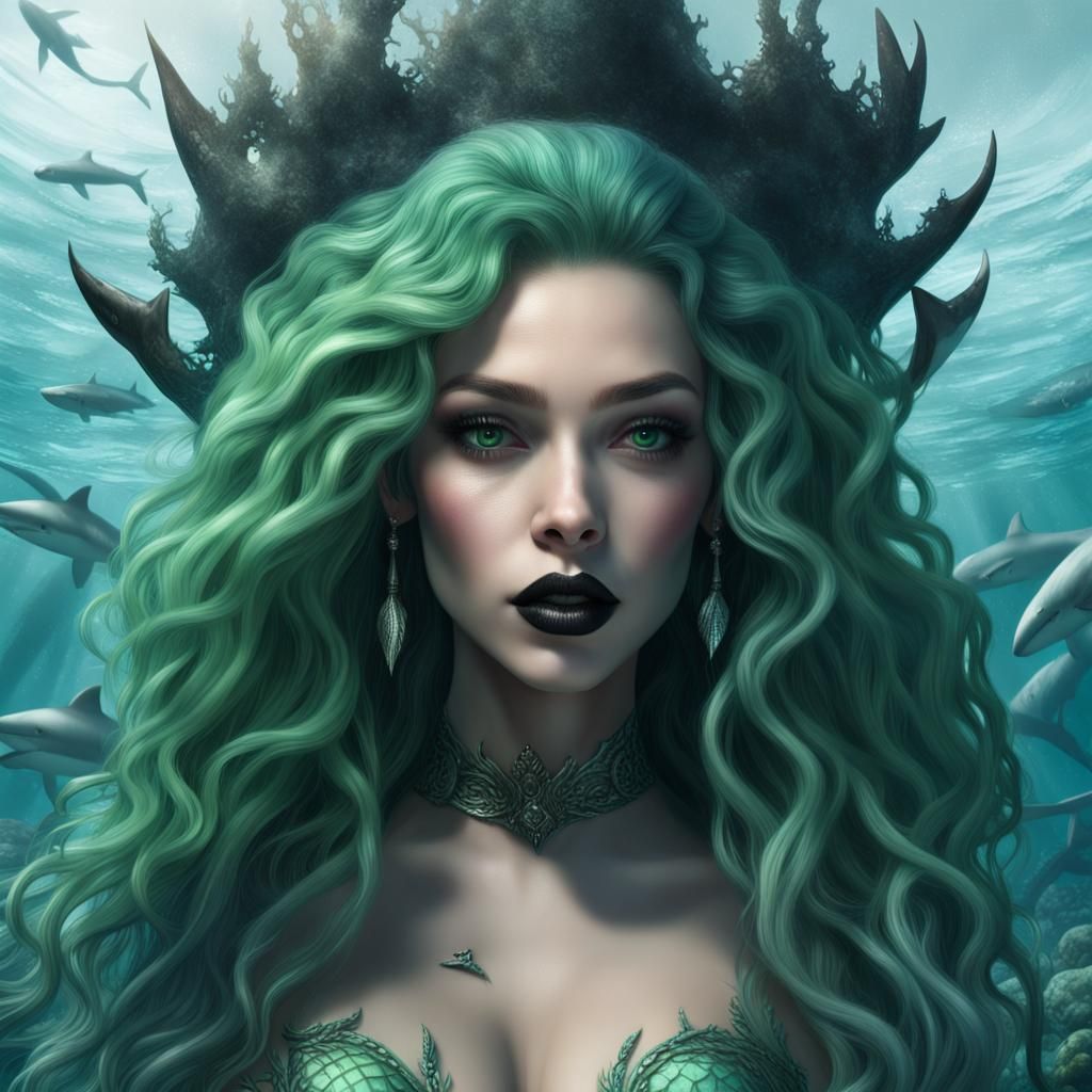 Majestic Green-Haired Mermaid in Underwater Fantasy Art
