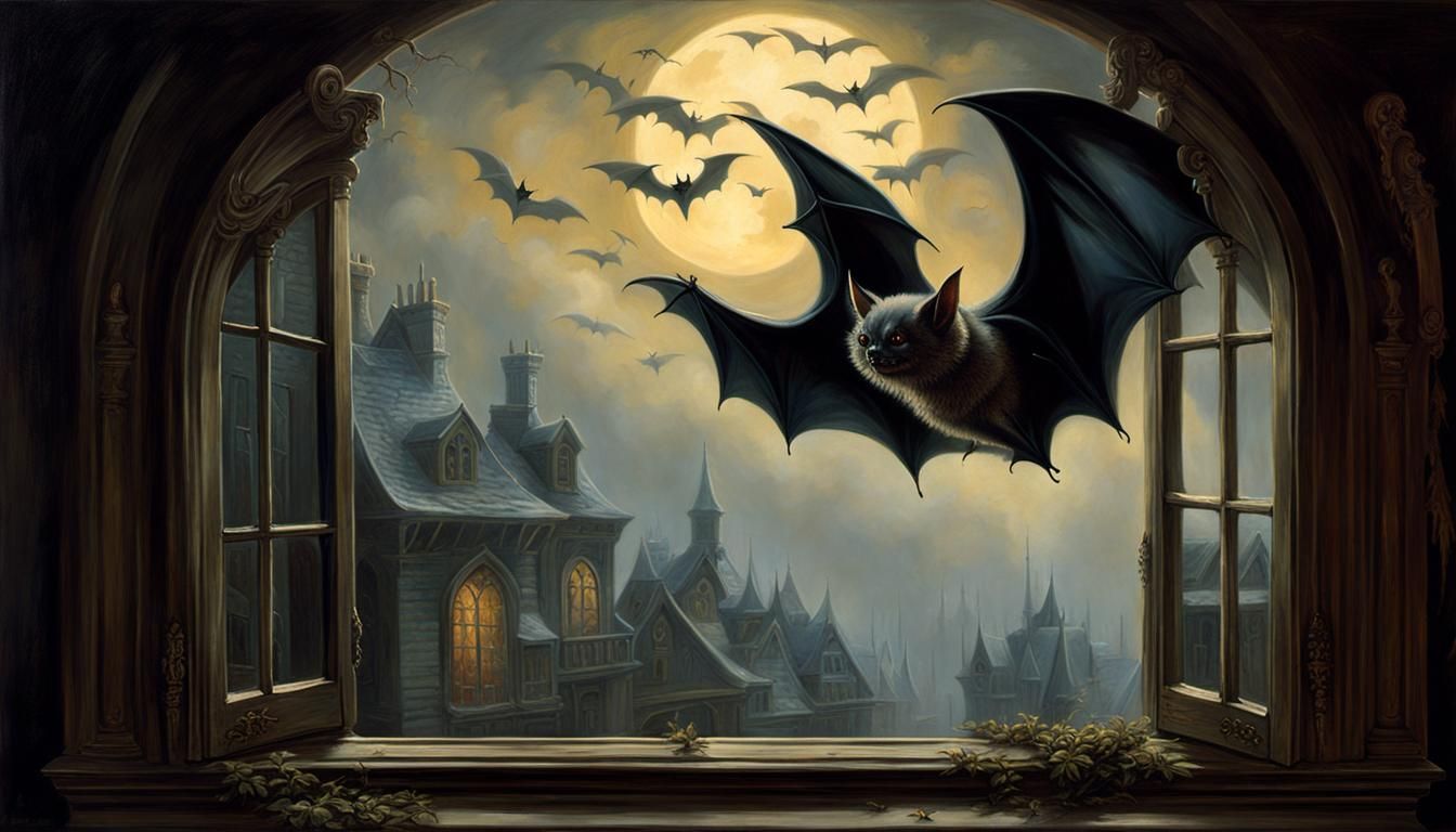 Sinister Bat at Window: Ethereal Oil Painting
