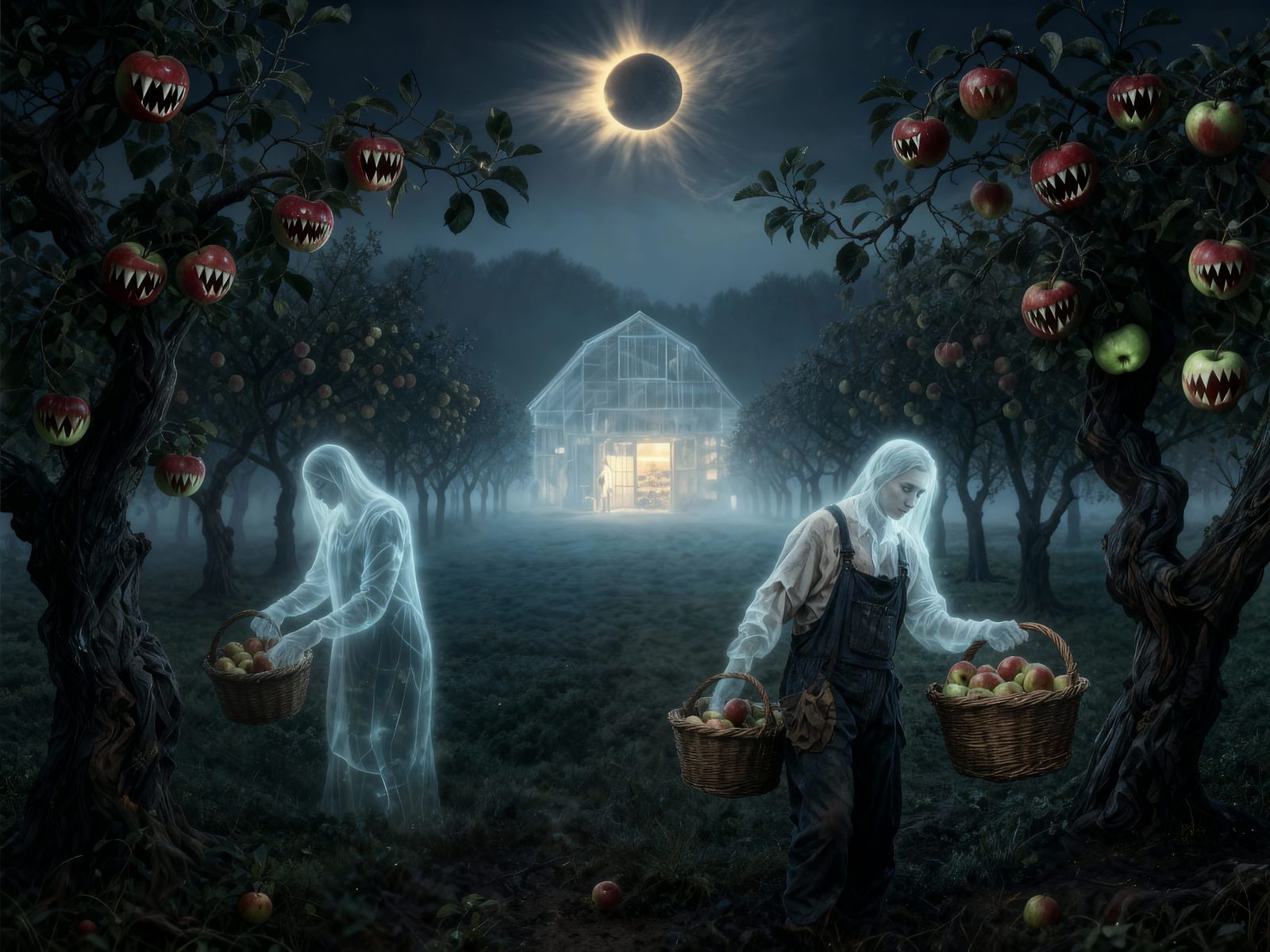 Ethereal Orchard of Ghost-Fruit Under Eclipse