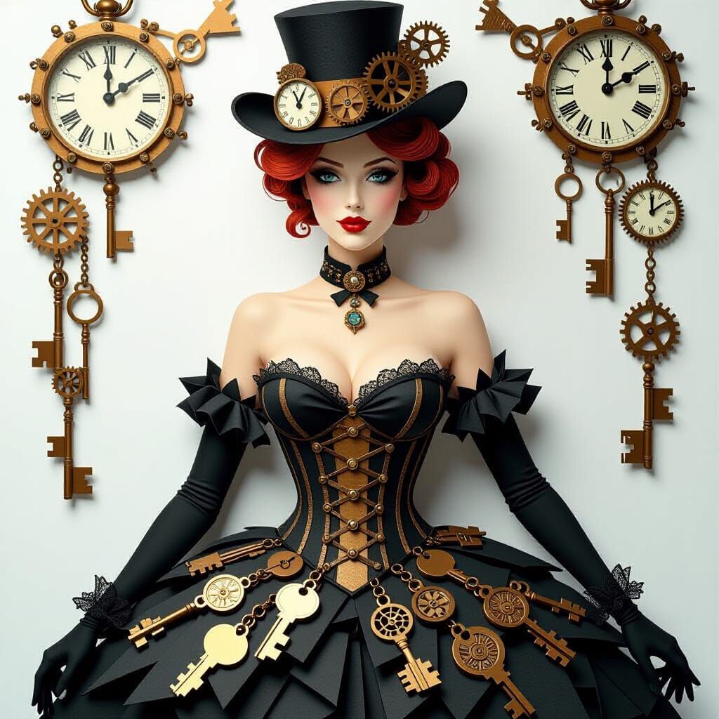 Steampunk Papercut Woman in Key Dress: 8K Portrait